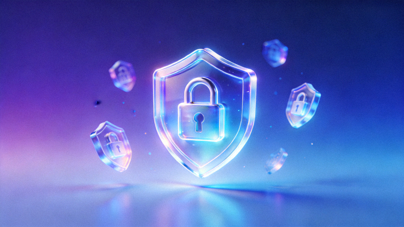 디지털 보안을 상징하는 배경 - 화면에 자물쇠와 보안 실드 아이콘이 떠 있음