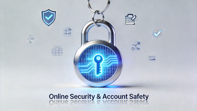 자물쇠와 디지털 키 아이콘이 결합된 온라인 보안 및 계정 안전 개념 이미지