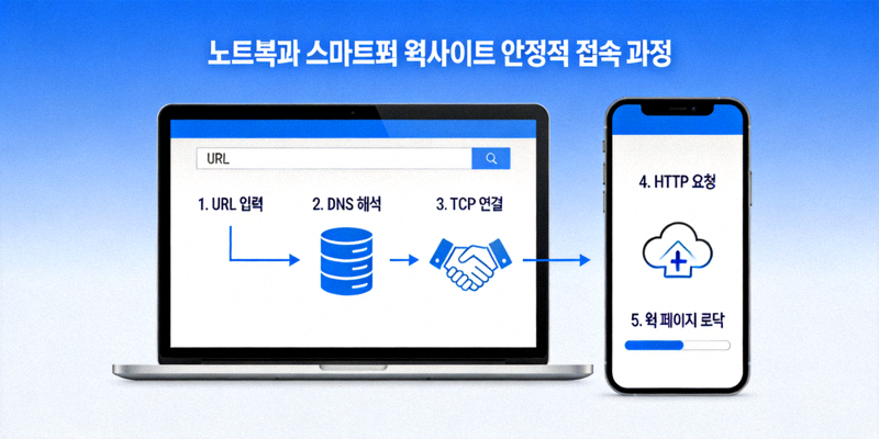 노트북과 스마트폰 화면에 나타난 안정적인 웹사이트 접속 과정을 보여주는 개념도